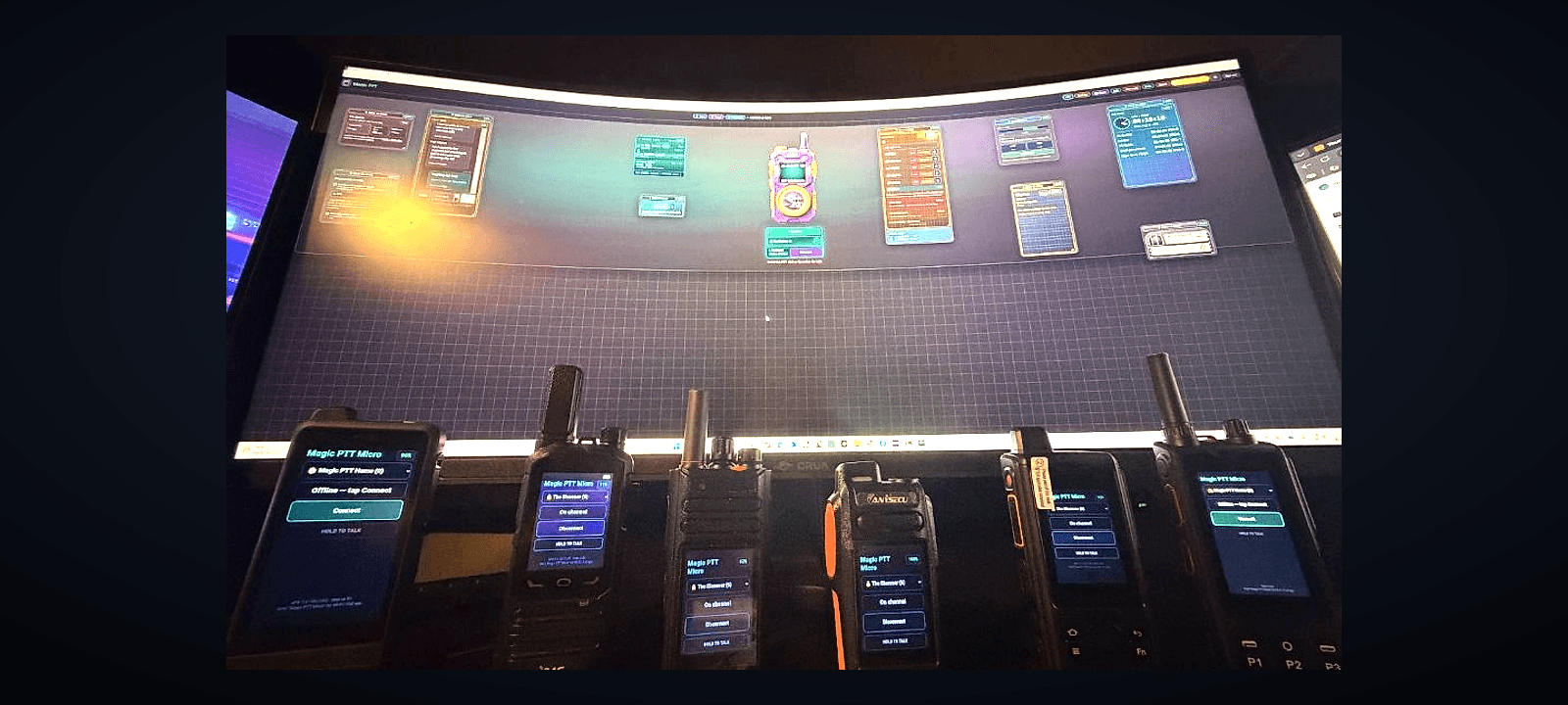 Magic PTT test fleet lineup on the bench — multiple handhelds running Magic Micro