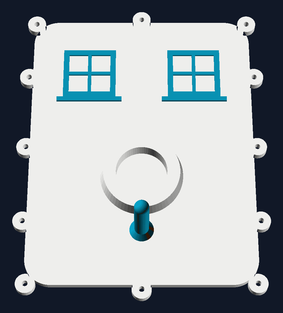 The Lookout's bird-house front, windows and perch in cyan