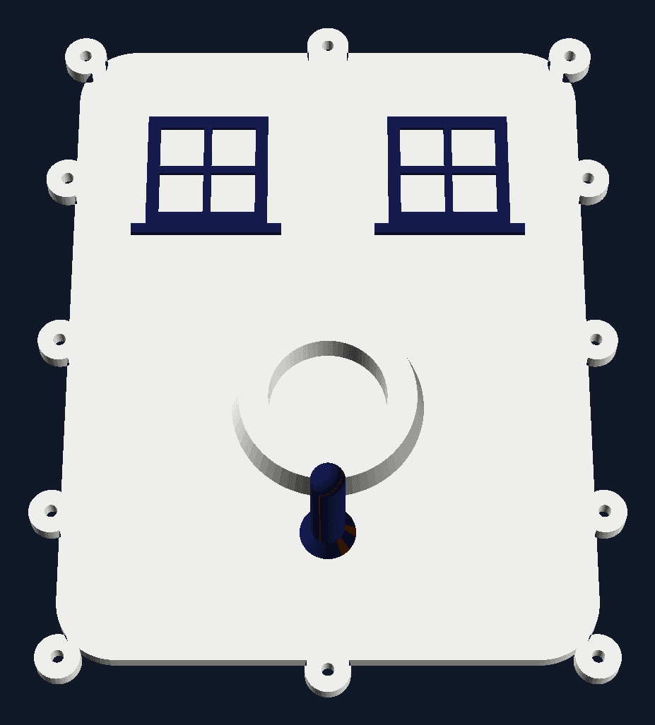 The Lookout's bird-house front, windows and perch in navy