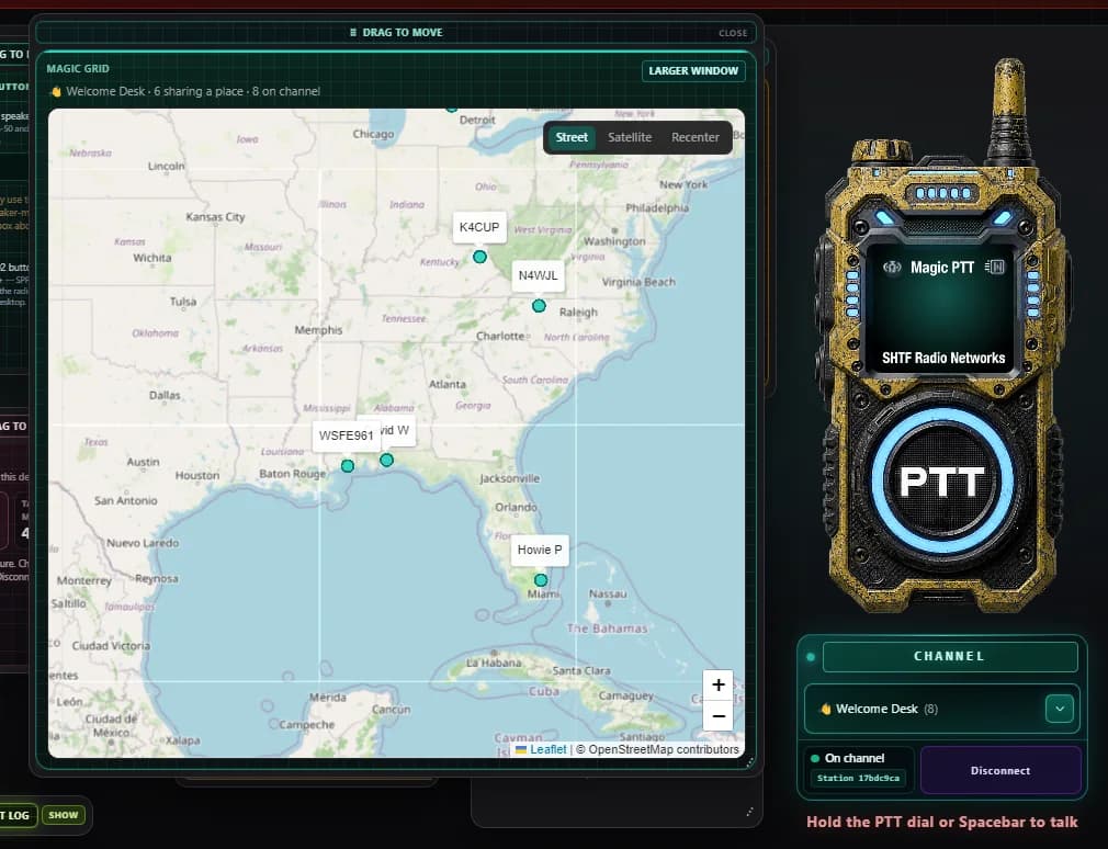 Magic Grid map card on the radio page — operators sharing a place on a street map beside the PTT radio