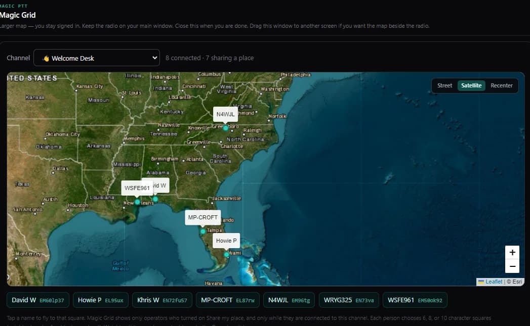 Magic Grid Larger window — satellite map with operators drawn at their grid squares
