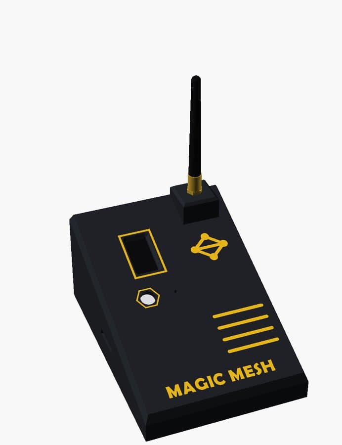 The Magic Mesh Console, black with yellow lettering, its antenna up